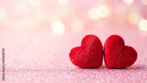 Two Red Soft Plush Hearts on Pink Shimmering Glitter Background