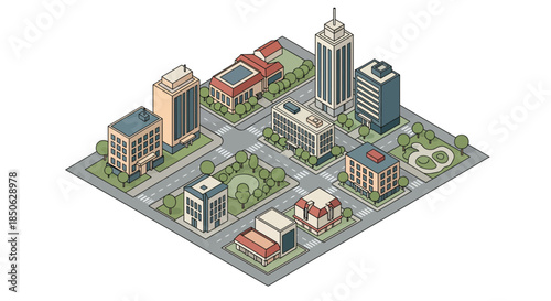 Vibrant cityscape with modern buildings and green spaces