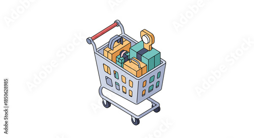 Shopping cart filled with colorful boxes and gifts on wheels