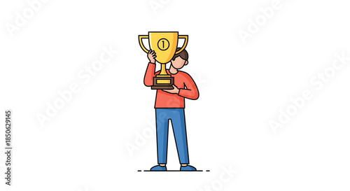 Man holding golden trophy cup with number one symbol on it proudly