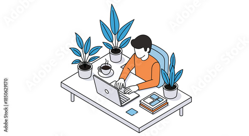 Young professional working remotely with plants in modern home office