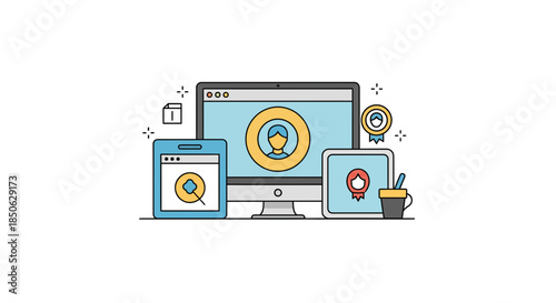 Modern devices displaying security icons and verification symbols