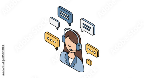 Customer service representative wearing headset with speech bubbles
