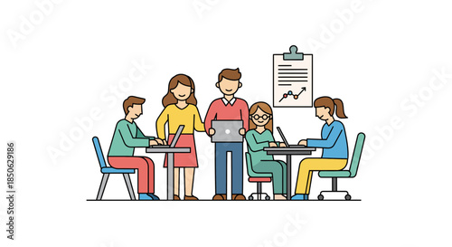 Diverse team collaborating with laptops in modern office setting