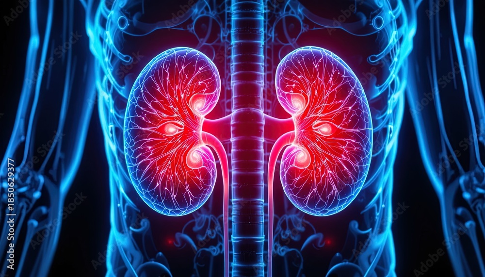 Fototapeta premium Detailed human kidney anatomy with glowing red and blue medical illustration