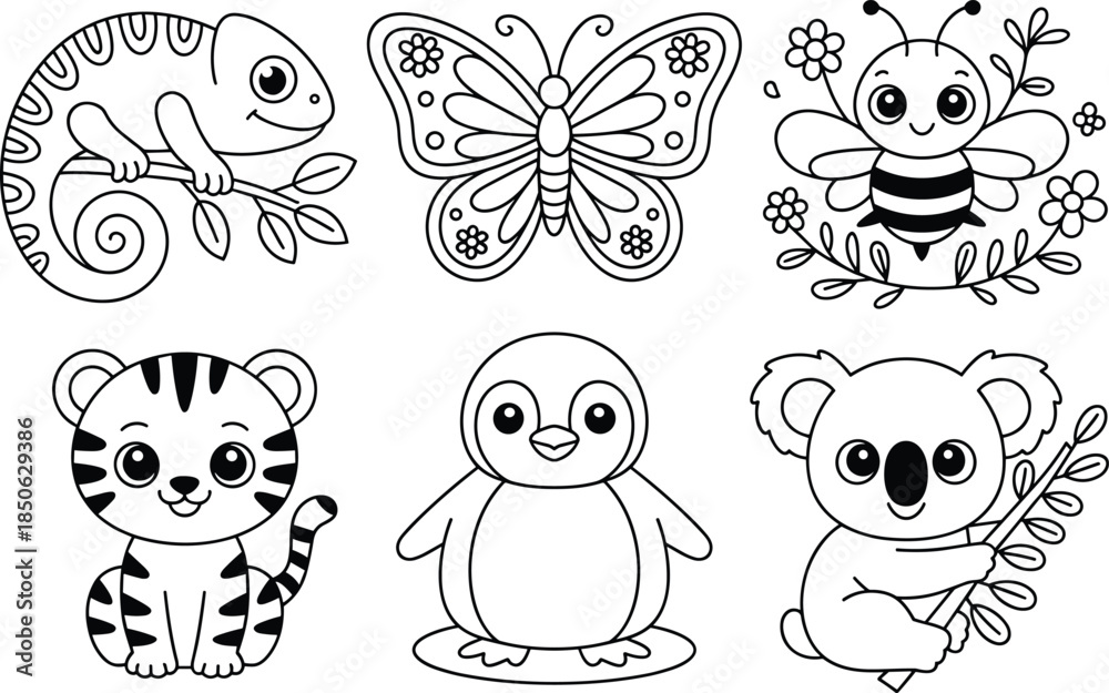 Fototapeta premium Cute cartoon animals and insects in black and white line