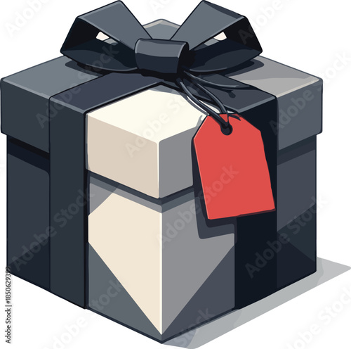 Elegant Gray Gift Box with Black Ribbon and Blank Red Tag Vector Illustration