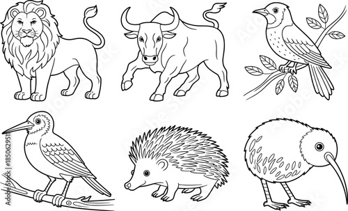 Black and white line of various animals and birds line lion