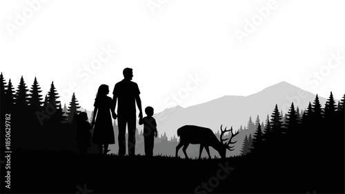 Family enjoying nature with a deer in the forest.
