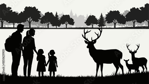 Family observing deer in a natural setting silhouette.