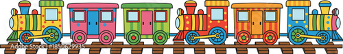 Colorful Flat Vector Illustration of Cartoon Toy Trains and Wagons on Tracks for Children’s Education Kindergarten and Playroom Wall Decor
