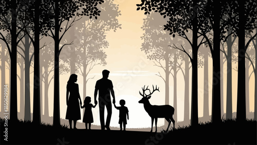Family and Deer Silhouette in Forest.