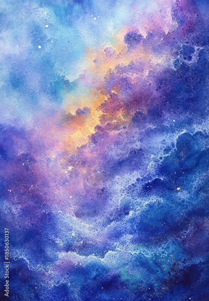 Obraz premium swirling purple and blue watercolor nebula with golden highlights and scattered stars, a dreamy ethereal cosmic scene