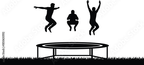 Black Silhouette Illustration of Three People Jumping on a Large Round Outdoor Trampoline Against a White Background for Fun Activity