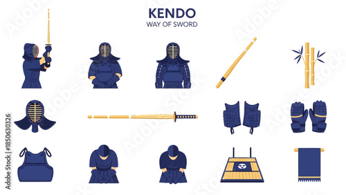 Collection of flat design icons and illustrations related to Kendo