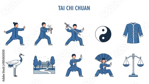 Graphic collection illustrating Tai Chi Chuan elements including figures sword crane and yinyang symbol
