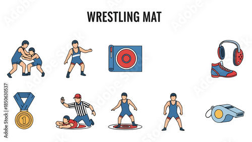 Icons depicting wrestling figures mat medal shoe ear guards and whistle