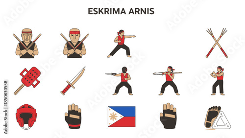 Icons illustrating Eskrima Arnis martial arts weapons and protective gear