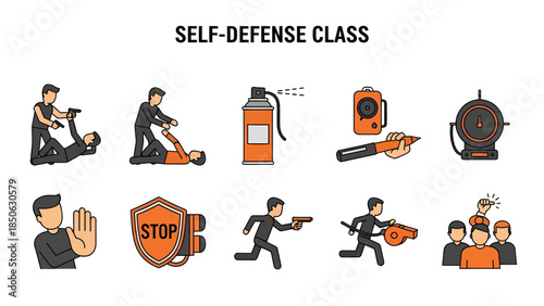 Icons illustrating various selfdefense techniques and tools under a class title