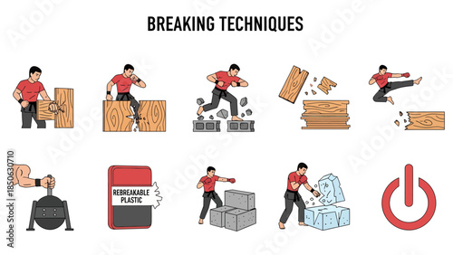 Illustration depicting various martial arts breaking techniques with an unrelated power symbol