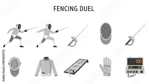 Illustration of two fencers in action and various fencing equipment items