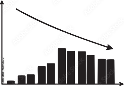 bar chart with downward arrow showing financial loss, negative growth and performance analysis