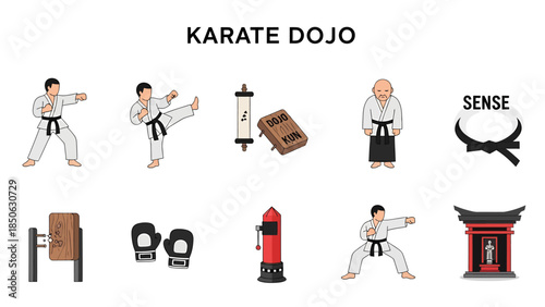 Illustration set depicting various elements related to a Karate Dojo