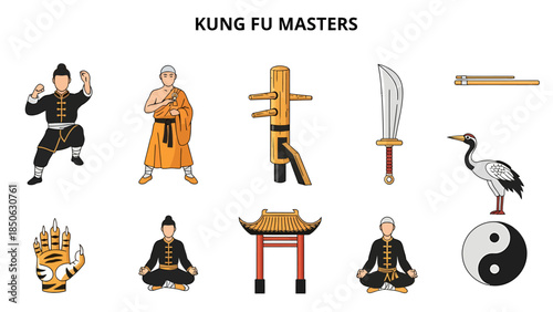 Illustrations of Kung Fu masters related objects and symbols