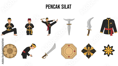 Illustrations depicting Pencak Silat postures attire weapons and emblems