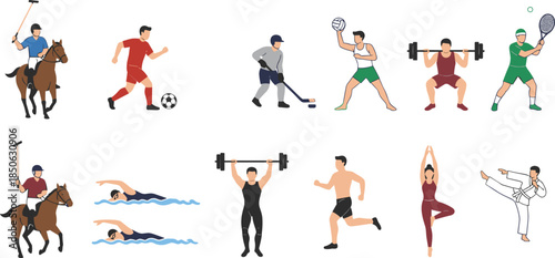 Flat Vector Illustration Set of Male and Female Athletes Practicing Various Sports Including Polo Soccer Hockey Tennis Swimming Weightlifting and Karate