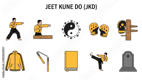 Ten icons related to Jeet Kune Do including fighting poses training tools and a tombstone