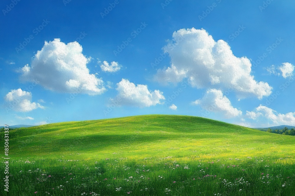 Fototapeta premium sunlit rolling green hill and wildflower meadow under a bright blue sky with fluffy white clouds, creating a calm and idyllic atmosphere