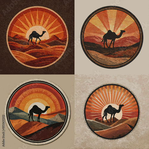 Camel silhouette illustrations against radiant desert suns rendered in vintage circular compositions evoking travel nomad life and timeless desert adventure themes.