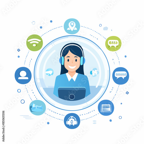Customer service representative with headset and laptop surrounded by communication and technology icons