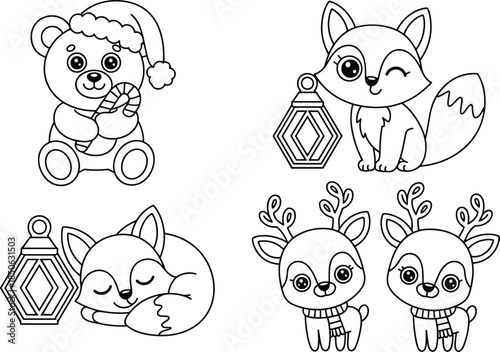 Cute cartoon animals with holiday decorations in black and white