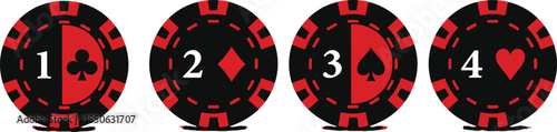 Set of Numbered Casino Poker Chip Icons with Red and Black Card Suits Including Clubs Diamonds Spades and Hearts Illustration