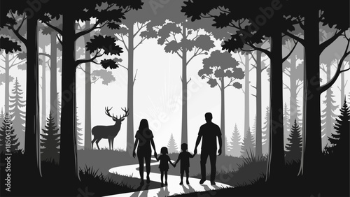 Family walking in forest with deer silhouette.