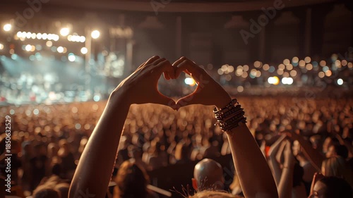 Crowd of Audience at during a concert with silhouette of a heart shaped hands shadow, light illuminated is power of music concert