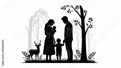 Silhouette of a loving family with a baby and a deer in a forest setting.