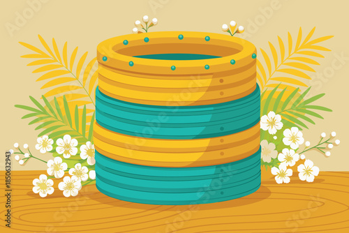 Colorful striped beehive with flowers and leaves yellow orange green