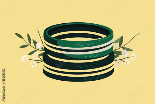 Stacked Green and Black Striped Bracelets with White Flowers stripes