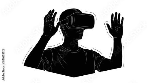 Silhouette of a young man wearing a virtual reality headset interacting with digital space using hand gestures