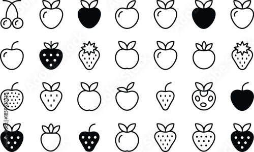 Black and white line of fruits and berries in a grid pattern