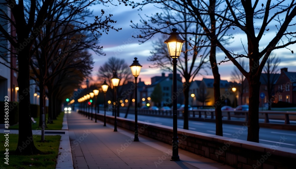 Fototapeta premium Quiet Evening Walkway with Softly Glowing Street Lamps