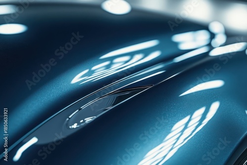 close-up of glossy metallic blue car hood with chrome trim and sculpted curves reflecting bright studio lights, sleek elegant and futuristic mood