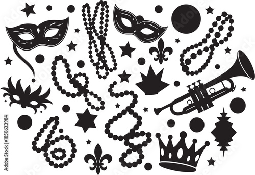 Mardi Gras party elements with masks and beads