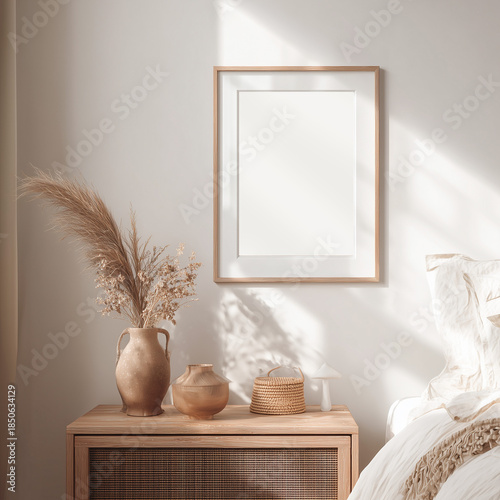 Minimal Bedroom Interior with Wooden Frame and Pampas 