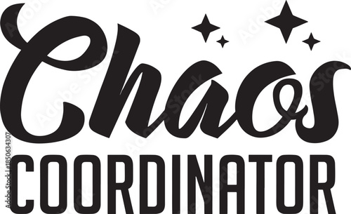 Stylish chaos coordinator lettering with sparkling stars on transparent background