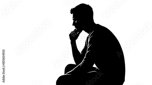 Black and white silhouette graphic of a thoughtful man in deep concentration with hand touching chin on blank background