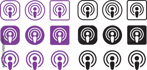 Apple Podcast App Icon in Gradient Purple. Flat logo options for audio streaming, mobile interface, and media branding design. digital editorial social media icon vector. A collection of podcast icons